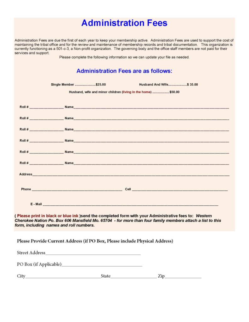 Pay Administrative Fees Western Cherokee Nation of Arkansas and Missouri